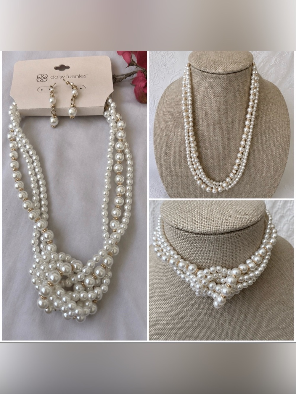 DAISY FUENTES Chunky Knotted Pearls & Gold Tone Necklace & Drop Earrings Set NWT